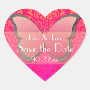 Pegatina En Forma De Corazón Cabecera de mariposa "Save the Date" (rosa calient