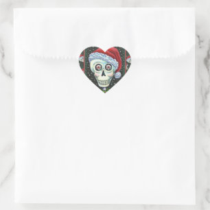 PEGATINA EN FORMA DE CORAZÓN CABEZA MUERTA SANTA SKULL, NAVIDADES SKELETON HUMO