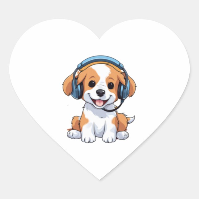 Pegatina En Forma De Corazón Cachorro con audífonos (Anverso)
