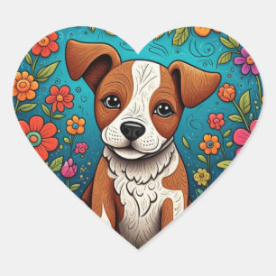 Pegatina En Forma De Corazón Cachorro con flores de arte folclórico caprichosas