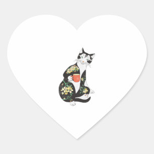 Pegatina En Forma De Corazón Café Para Beber Gato Con Tatuaje De Flores