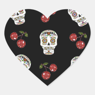 Pegatina En Forma De Corazón Calaveras de Azúcar Rockabilly RAB Cerezas Sobre N