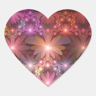 Pegatina En Forma De Corazón Cama De Flores Colorido Brillante Arte Fractal Abs