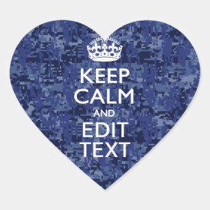 Pegatina En Forma De Corazón Camo digital azul MANTENER CALMA tu texto