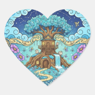 Pegatina En Forma De Corazón Casa del árbol bajo la luna fantasía ilustración m