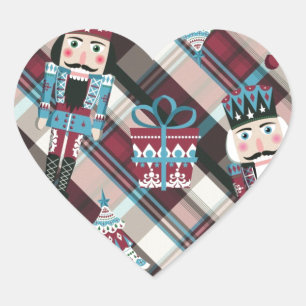 Pegatina En Forma De Corazón Cascanueces de Navidad a Cuadros Azul Burgundy