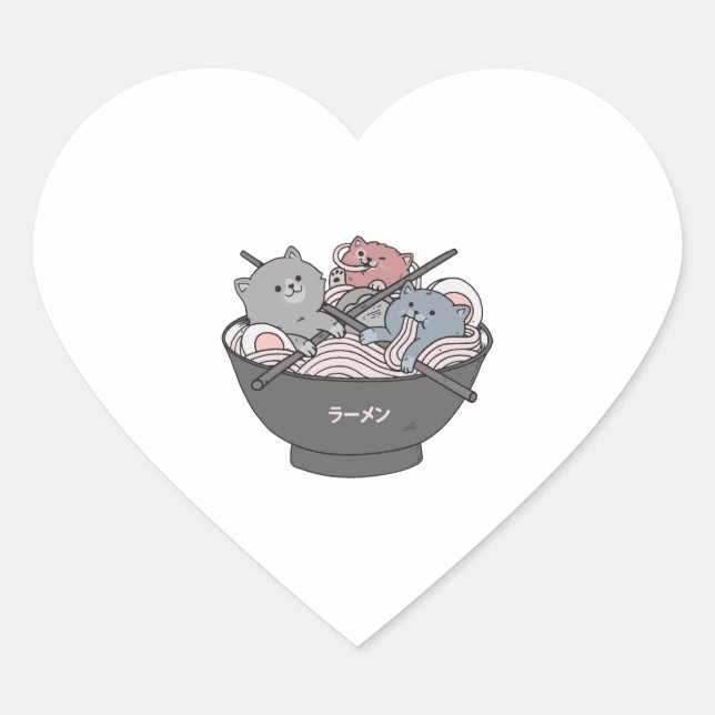Pegatina En Forma De Corazón Cat Ramen Kawaii (Anverso)