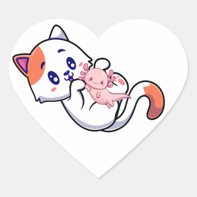 Pegatina En Forma De Corazón Cat y Axolotl Kawaii Neko Anime (Anverso)