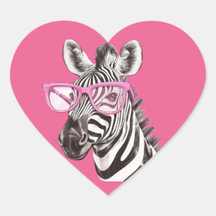 Pegatina En Forma De Corazón Cebra con fondo rosado de gafas