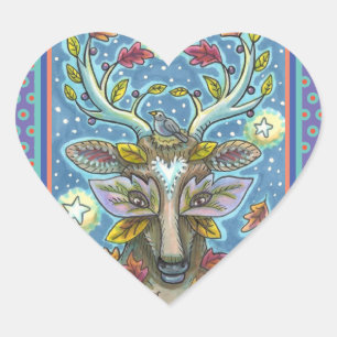 PEGATINA EN FORMA DE CORAZÓN CERDO DE ARTE EN BOSQUE DE OTOÑO, NIDO DE AVES Y L