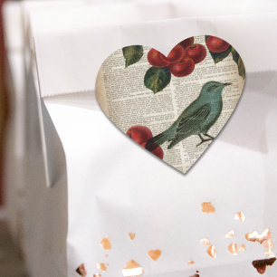 Pegatina En Forma De Corazón cereza roja botánica retro