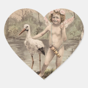 Pegatina En Forma De Corazón Cherub vintage con cigüeña por lago