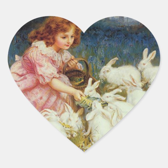 Pegatina En Forma De Corazón Chica alimentando conejos (Anverso)