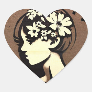 Pegatina En Forma De Corazón Chica con flores en el pelo arte simple