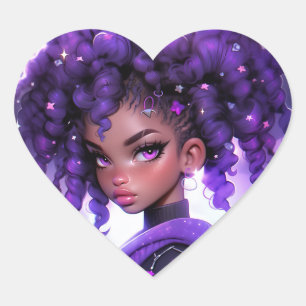 Pegatina En Forma De Corazón Chica de galaxia púrpura con pelo rizado