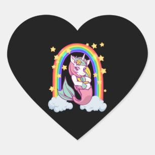 Pegatina En Forma De Corazón Chica de sirena con unicornio arcoiris