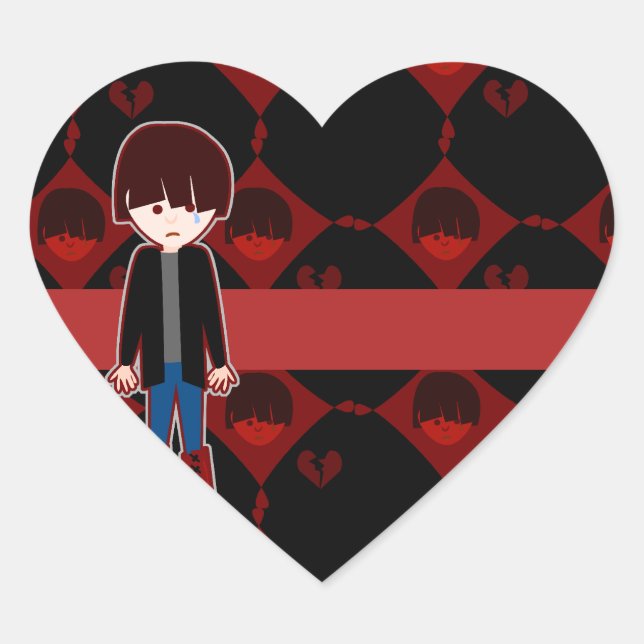 Pegatina En Forma De Corazón Chico Emo Triste y Solitario (Anverso)