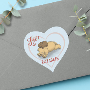 Pegatina En Forma De Corazón Chigüiro y nombre azul de cachorro
