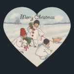Pegatina En Forma De Corazón Clásico Vintage Christmas Snow Child<br><div class="desc">¡Qué gran carta de Navidades! De una tarjeta de Navidades de 1916,  que muestra a niños nevados caminando con su cerdito en la nieve. ¡Festividad y gracia!</div>