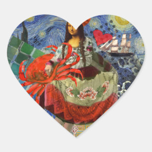 Pegatina En Forma De Corazón Collage de Mona Lisa Noche Estrellada: Surrealista