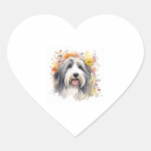 Pegatina En Forma De Corazón Collie con barba entre flores silvestres 1