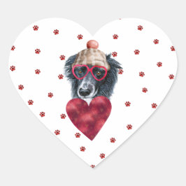 Pegatina En Forma De Corazón Collie Dog Valentine en la frontera del corazón de
