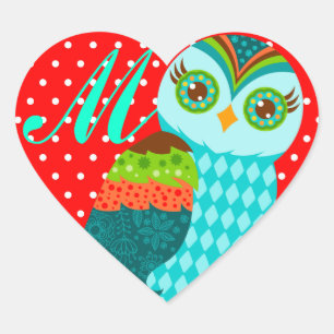 Pegatina En Forma De Corazón Cómo ahora Lechuza Azul - Personalizado Monograma