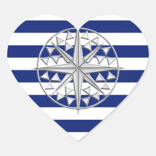 Pegatina En Forma De Corazón Compás del estilo del cromo en rayas náuticas