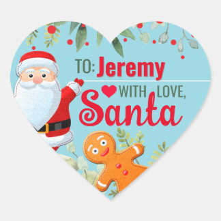 Pegatina En Forma De Corazón "Con amor, Santa" Pan de Jengibre Navidad Azul Per