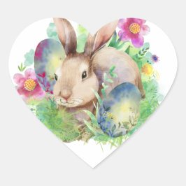 Pegatina En Forma De Corazón Conejo de Pascua con huevos y flores