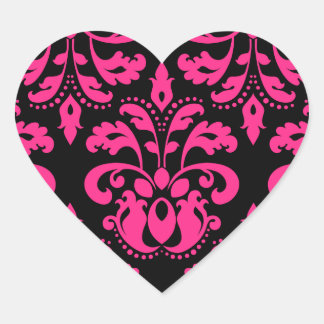 Pegatina En Forma De Corazón Corazón adamascado victoriano de color rosa calien