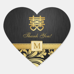 Pegatina En Forma De Corazón Corazón de doble felicidad chino negro y dorado Da