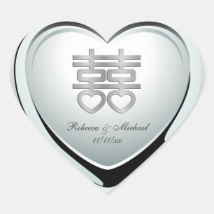Pegatina En Forma De Corazón Corazón elegante de doble felicidad plateado