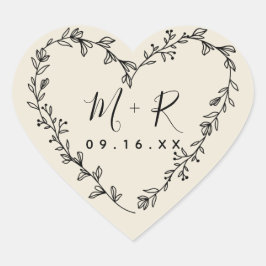 Pegatina En Forma De Corazón Corazón Floral Corona Iniciales Caligrafía