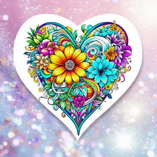 Pegatina En Forma De Corazón Corazón floral morado Verde azulado de bonito Dí