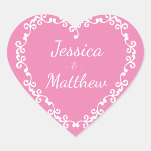 Pegatina En Forma De Corazón Corazón Floral Rosa y Blanco Boda Personalizada
