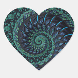 Pegatina En Forma De Corazón Corazón fractal en azul y verde