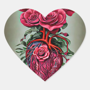 Pegatina En Forma De Corazón Corazón humano con flores rojas rojas arte surreal