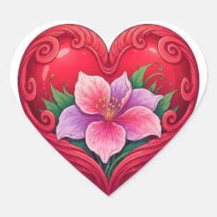 Pegatina En Forma De Corazón Corazón Rojo Romántico Con Centro Floral