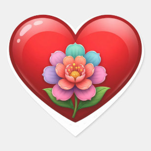 Pegatina En Forma De Corazón Corazón Rojo Romántico Con Centro Floral