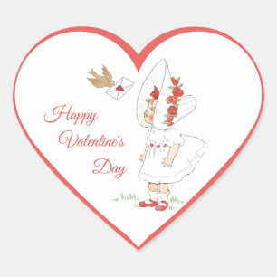 Pegatina En Forma De Corazón Corazón Rojo Vintage de San Valentín Niña y Pájaro
