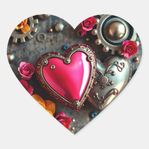 Pegatina En Forma De Corazón Corazón rosa y engranajes metálicos Steampunk
