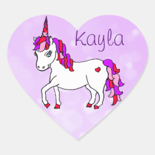 Pegatina En Forma De Corazón Corazón unicornio con cuerno de arcoiris morado pe
