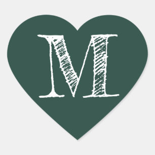 Pegatina En Forma De Corazón Corazón Verde Oscuro Minimalista Monograma Inicial