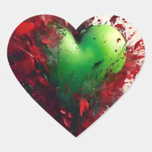 Pegatina En Forma De Corazón Corazón verde vibrante con Petales rojos dispersos