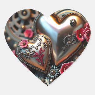 Pegatina En Forma De Corazón Corazones de metal y flores rosadas Steampunk
