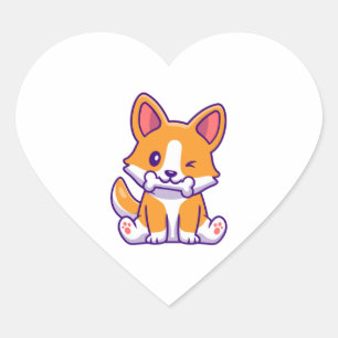 Pegatina En Forma De Corazón Corgi corto con hueso
