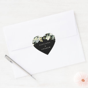 Pegatina En Forma De Corazón Corona de boda elegante de Snowberry negro + Eucal