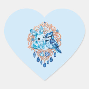Pegatina En Forma De Corazón Crystal Blue Bunny and Blue Jay Heart