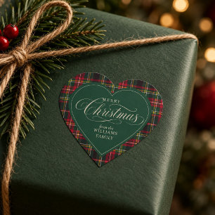 Pegatina En Forma De Corazón Cuadro Escocés Rojo Bosque Verde Navidad Familia